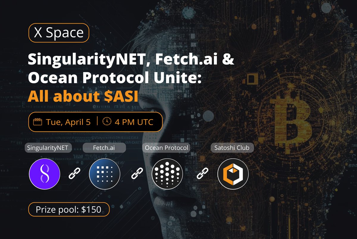 📢 Join us for a 𝕏 Space with @SingularityNET, @Fetch_ai & @oceanprotocol on April 5th, 4 PM UTC! We'll discuss the Artificial Superintelligence Alliance (ASI) and its goals for the future of AI. 💰 $150 prize pool Set reminder 👇 x.com/i/spaces/1eajb…