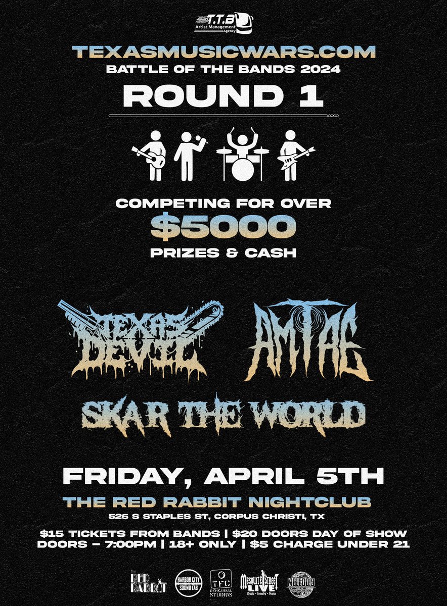 FRIDAY night at the Red Rabbit Nightclub ROUND 1 of Texas Tour Booking &amp; Promotions BATTLE OF THE BANDS! Come out and vote for us, Texas Devil, or Skar the World as we compete for the Texas Music Wars champion! Doors are at 7PM | DM us for tickets!
TEXASMUSICWARS.COM