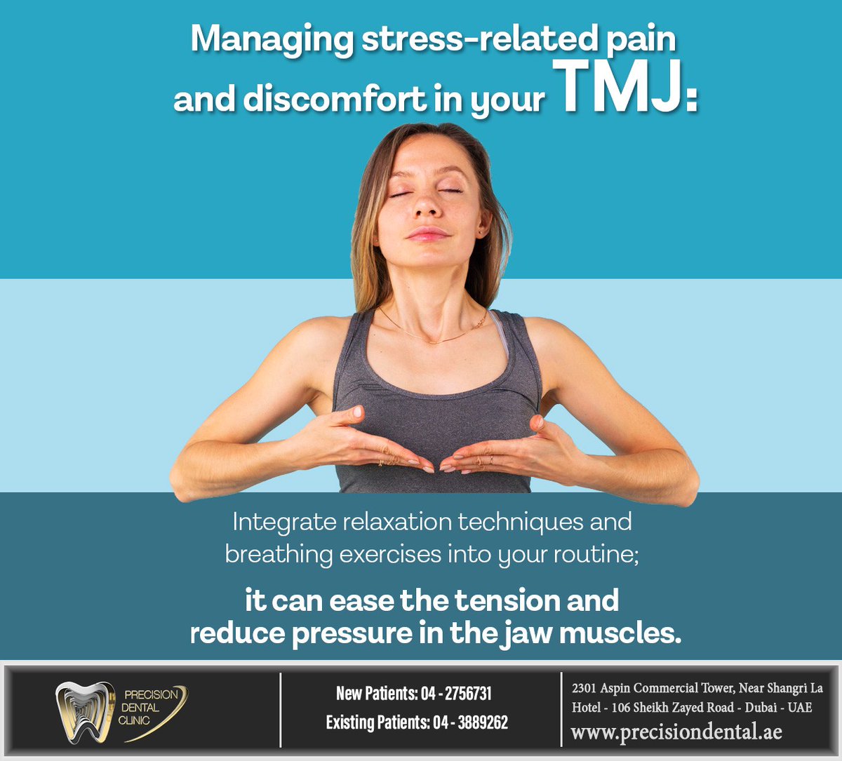 Specific breathing exercises and techniques can help alleviate the pain and discomfort caused by stress-related TMJ. Incorporate them into your daily routine and improve symptoms of TMJ disorders. #tmj #precisiondentalclinic #dubai