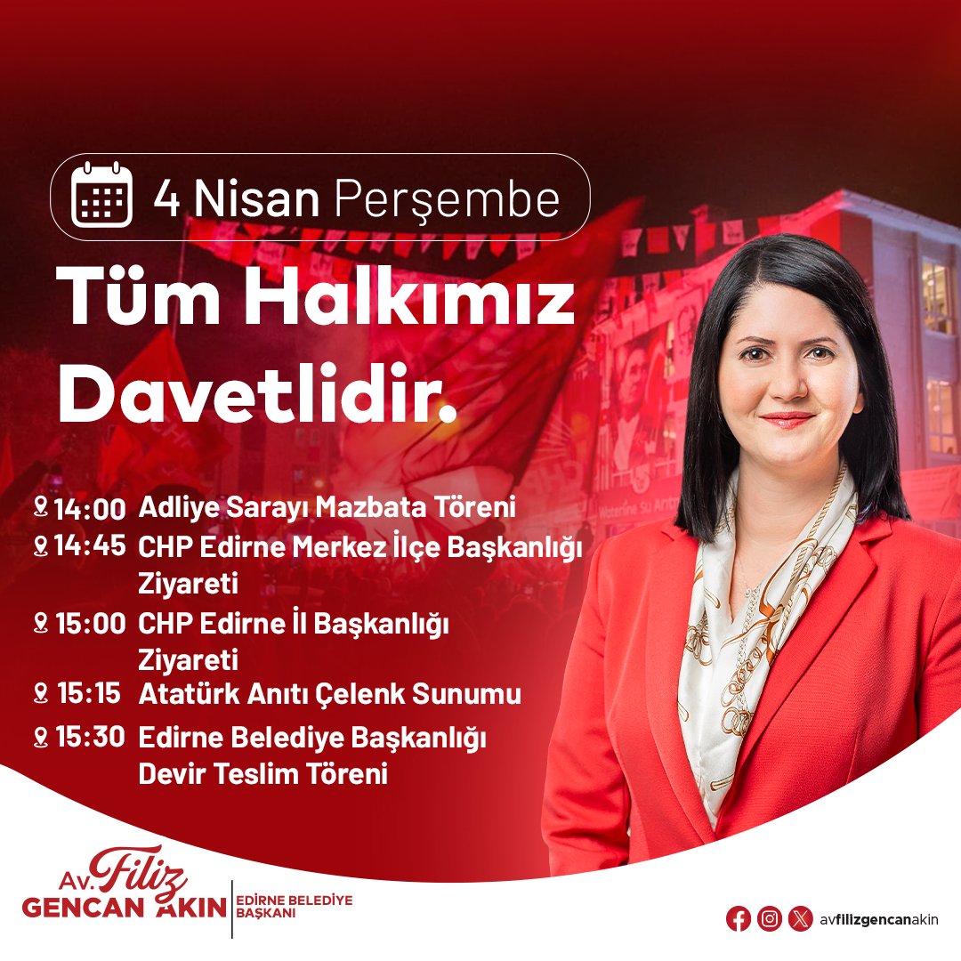 Başlıyoruz🌱 Tarifi imkansız büyük bir mutluluk ve gururla Edirne’nin ilk kadın Belediye Başkanı olarak, 4 Nisan Perşembe Günü mazbatamı alarak, göreve başlıyorum. Bu kenti hep birlikte yönetecek, bu aydınlık yolu hep birlikte yürüyeceğiz. Yolculuğumuzun ilk gününe tüm