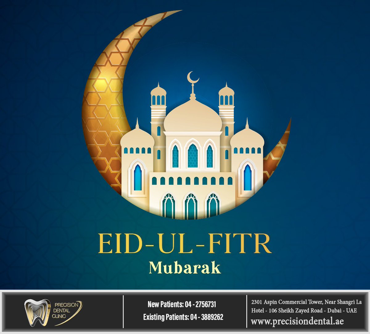 Eid Mubarak. Wishing you peace and prosperity as you celebrate Eid with your loved ones. #eidmubarak #eidulfitr #happyeid #precisiondentalclinic #dubai