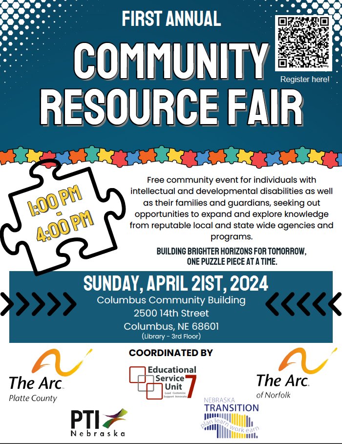 ESU 7 along with @ArcOfPlatteCo, @arcofnorfolk, PTI Nebraska, and Nebraska Transition are hosting the First Annual Community Resource Fair in Columbus, NE!