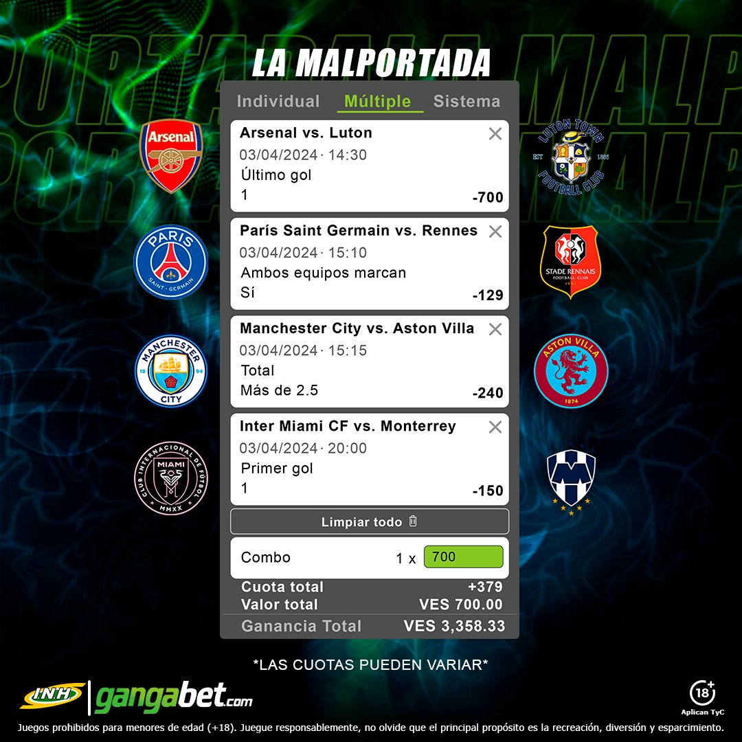 gangabetvzla's tweet image. ¡ESTELARES DEL DÍA! 🤏🏻😎
.
El fútbol no se detiene y tus ganas de multiplicar tu suerte tampoco 🍀⚽, estos son los partidos con los que debes armar tus jugadas ¿Ya tienes tu jugada en Gangabet? 😎
.
#Gangabet #Arsenal #Combinada #Luton #Parley #PSG #Rennes #ManchesterCity