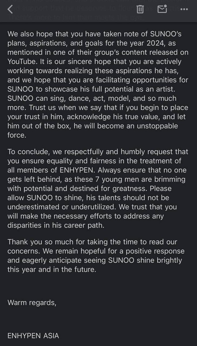 AsiaEnhypen's tweet photo. We have already sent an email to BELIFT LAB regarding ENGENEs’ concerns about Sunoo’s current career situation.

With this, we hope for a positive response from the company and for a noticeable improvement in his career path.

#WeAreAlwaysWithSUNOO #김선우 #ENHYPEN #엔하이픈 @ENHYPEN_members @ENHYPEN