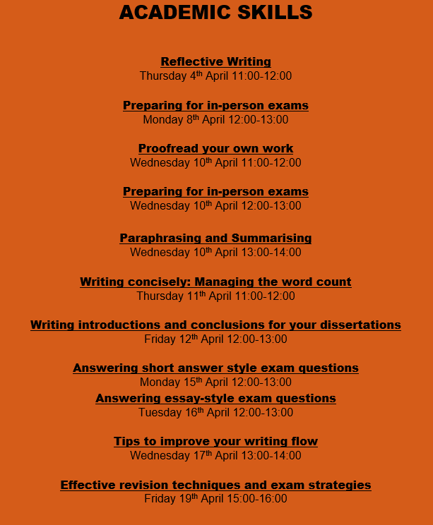 April's Academic Skills workshops include: ⭐Reflective Writing ⭐Concise Writing ⭐Flowing Writing ⭐Introduction Writing ⭐Paraphrasing ⭐Proofreading ⭐Preparing for Exams ⭐Revising for Exams ⭐Answering Exam Questions Sign up via CareerHub careerhub.essex.ac.uk/students/