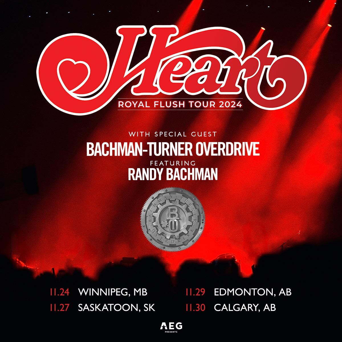 This November, BTO hits the road with @officialheart in Canada! You can get presale tickets TODAY, using code BTO24 at the following ticket links: 11/24 Winnipeg ticketmaster.ca/event/1100607C… 11/27 Saskatoon ticketmaster.ca/event/11006075… 11/29 Edmonton ticketmaster.ca/event/1100606E… 11/30 Calgary