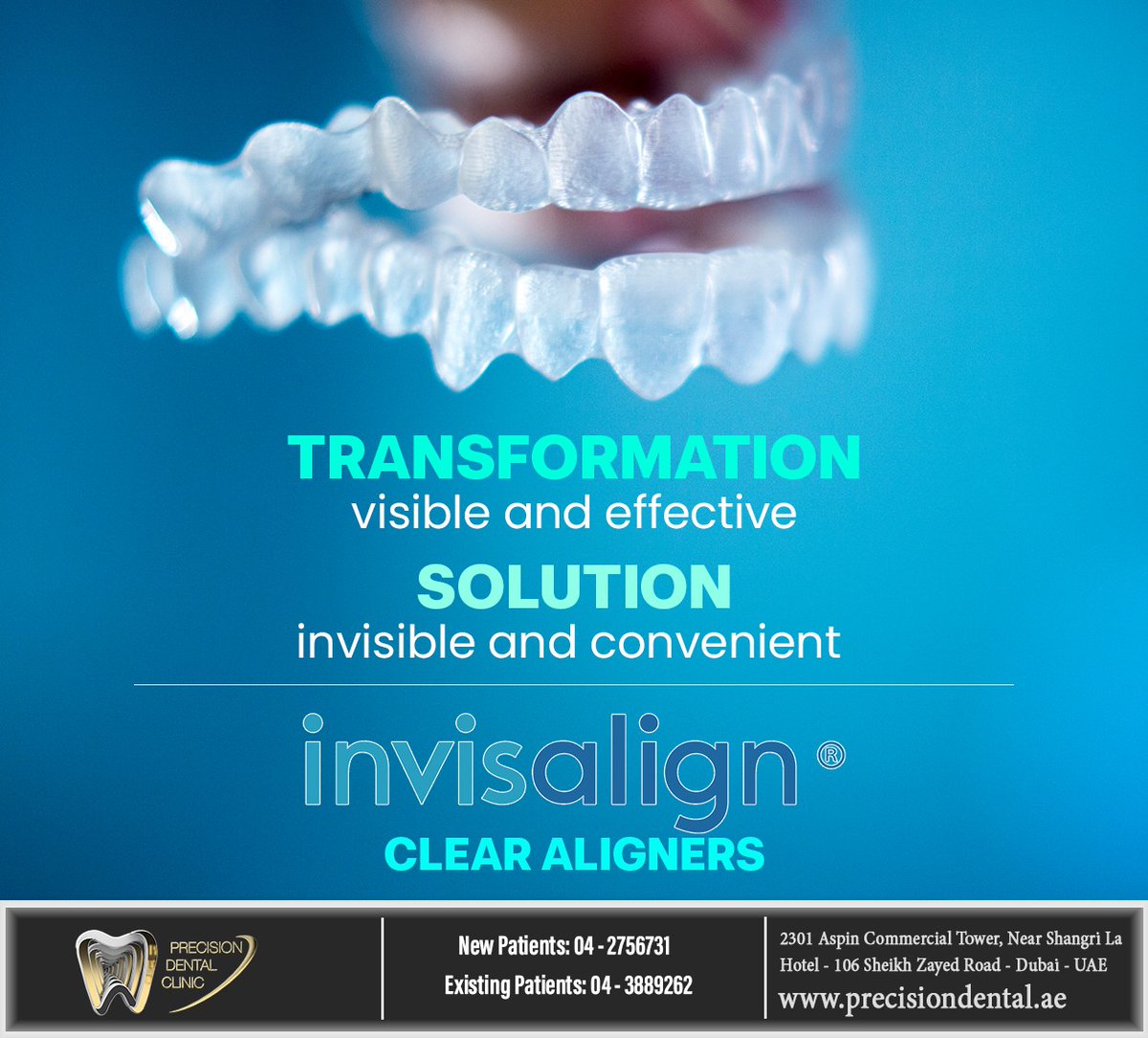 Invisalign clear aligners can straighten your teeth faster and more comfortably than braces. The results are more predictable, and users love the design. Visit Precision Dental Clinic for your Invisalign now. #invisalign #precisiondentalclinic #dubai