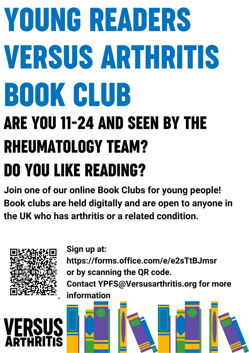 If you've not yet signed up for our UK wide online bookclubs, now running for ages 11-24, what are you waiting for? 
Read all about it here: versusarthritis.org/news/2024/janu…
Then sign up via this link: forms.office.com/e/e2sTtBJmsr