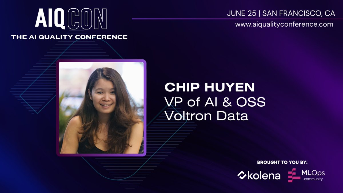On June 25, along with @mlopscommunity, we're bringing the AI/ML community the first-ever global AI Quality Conference (@AIQCon) and we are incredibly honored to be bringing top-notch speakers to the stage. One of our featured speakers is @chipro. Chip works to accelerate data