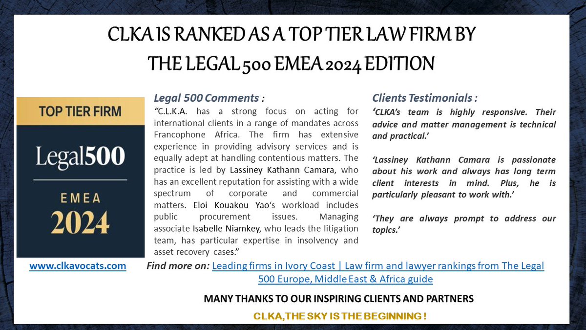 CLK_AVOCATS's tweet photo. #CLKA

#RANKING

CLKA RANKED AS A TOP TIER LAW FIRM BY LEGAL 500 2024 EDITION !!!

Find more on : 👇

https://t.co/Kb5dnshCWA

MANY THANKS TO OUR INSPIRING CLIENTS &amp; PARTNERS!!!

CLKA, THE SKY IS THE BEGINNING ! https://t.co/HaGEBE2VhN