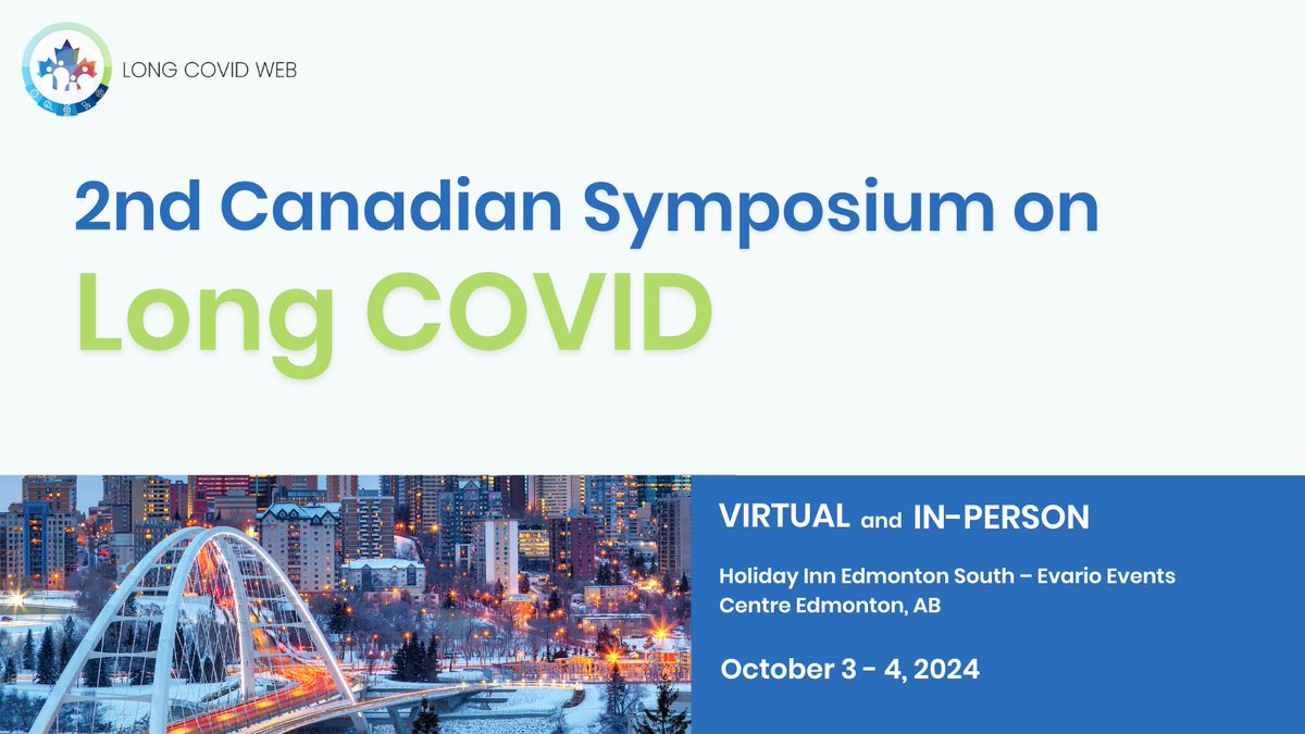 We are excited to announce that registration is now open for the 2nd Canadian Symposium on Long COVID!  ​ ​ The symposium is co-hosted with @UAlberta, @UCalgary, and @AHS_media.​ Date: Oct 3-5, 2024​ ​ Learn more & register: bit.ly/43J8H7f​ #LongCOVID #Symposium