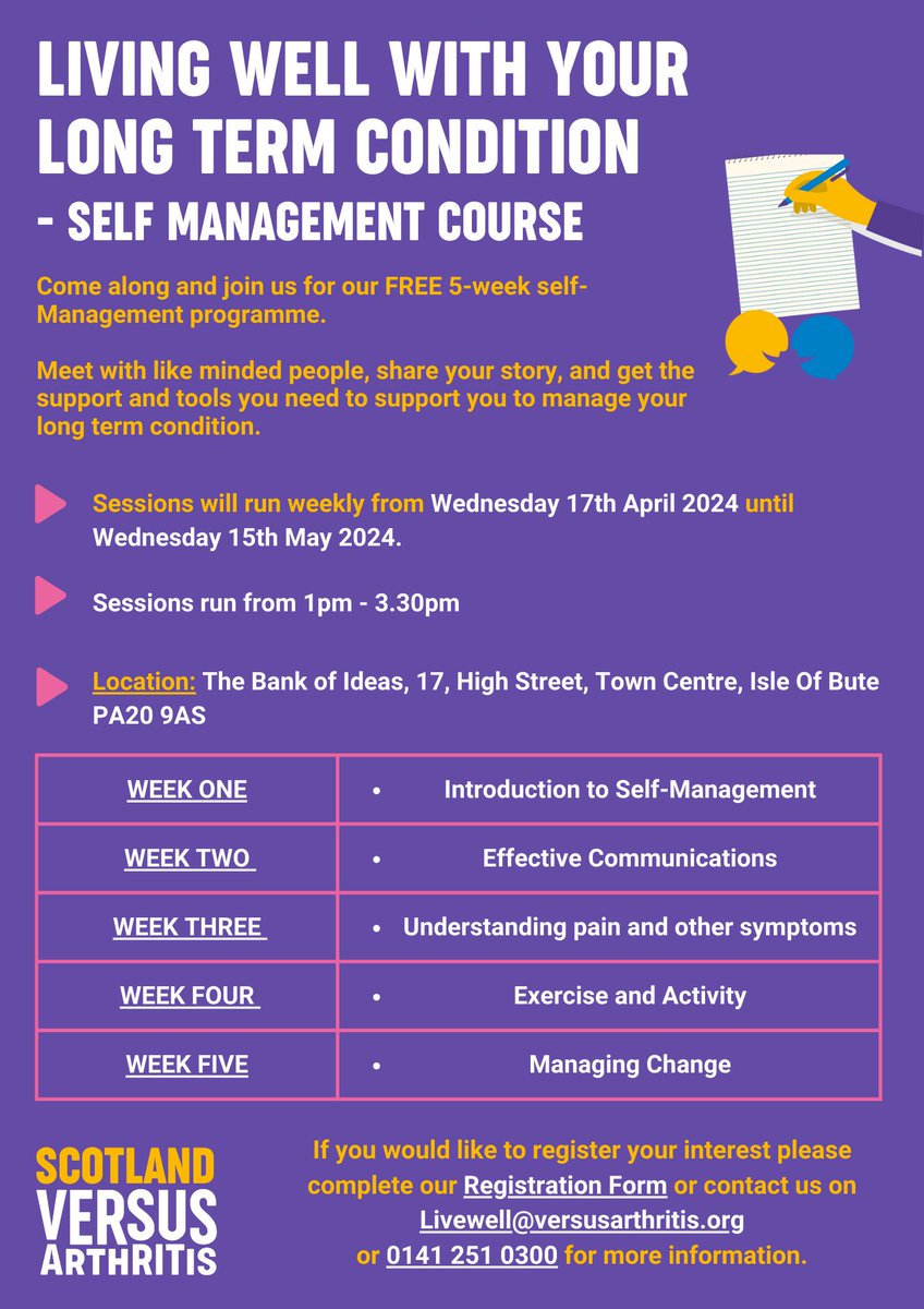 Our 'Living Well with your Long Term Condition' Self Management Course will be coming to the Isle of Bute from Wednesday 17th April! 💜 If you would be interested in coming along please book your place now: bit.ly/4bmLTxR