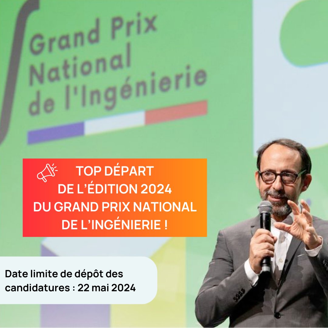 [Concours] L'édition 2024 du Grand Prix National de l'Ingénierie est lancée !
C'est le seul concours national qui valorise l'#ingénierie française. Il est organisé par <a href="/Ecologie_Gouv/">Ministères Territoires Écologie</a> &amp; <a href="/Economie_Gouv/">Ministère de l'Économie et des Finances</a> 
 avec <a href="/Syntec_Inge/">Syntec-Ingénierie</a>

👋Candidatures jusqu'au 22 mai !
➡ lnkd.in/eANm4xEE