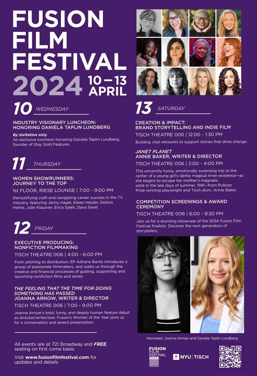 Excited to announce this year’s 2024 Fusion Film Festival line up! 

This year, we have an extraordinary event calendar with advance screenings and amazing guest panelists. Hope to see you there!

#NYU #nywift #womenmakemovies