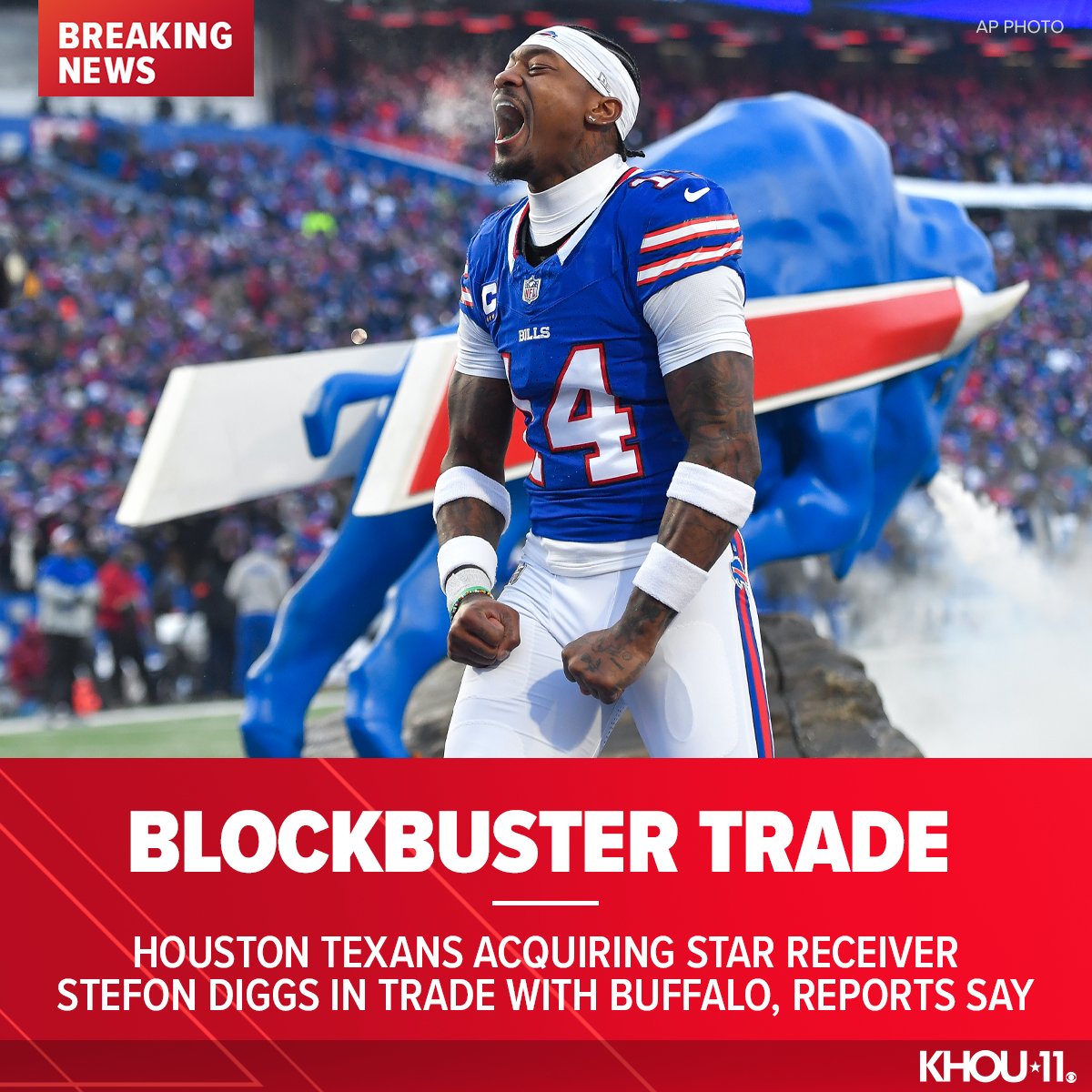 BLOCKBUSTER TRADE | The @HoustonTexans are acquiring four-time Pro Bowl wide receiver Stefon Diggs from the Buffalo Bills, according to multiple reports. LATEST: khou.com/article/sports…