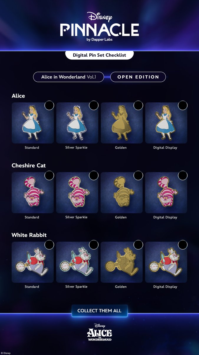 ✍🏻Now you can track your progress as you collect each of the digital pins available in the Disney Alice in Wonderland Vol. 1 set!  

1. Download this image⬇️ 
2. Mark each checkbox as you collect each pin variant✅ 
3. Show off your progress by sharing on your socials with