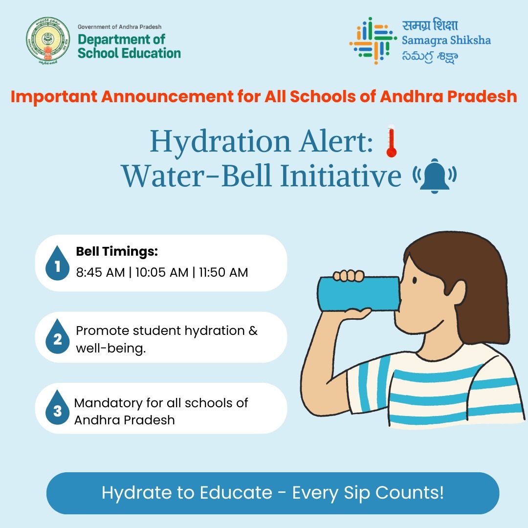 🥵 Important Announcement: Stay Alert as Water Bells Will Ring for All The Schools of Andhra Pradesh From Now On! 💧 
.
Let's Welcome #TheWaterBell Initiative Together to Educate Our Students While They Hydrate. 🎓
.
#TheWaterBellInitiative #SamagraShikshaAndhraPradesh
