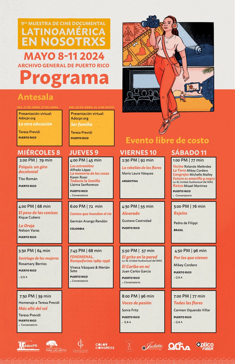 AdocPR's tweet photo. PROGRAMA OFICIAL 🎬🔥 ¡Explora Latinoamérica a través del Cine Documental en su 9na Edición! Del 8 al 11 de mayo, únete a nosotros en el Archivo General de Puerto Rico para descubrir más de 20 documentales 🎞️ locales e internacionales. #AdocPR https://t.co/BNUXce0NPK