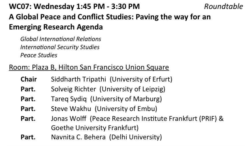Siddharth Tripathi (@siddharthtrip09) on Twitter photo My first #ISA2024 and the last roundtable for our handbook on Peace and Conflict Studies: Perspectives from the Global South(s) is happening today. See you there with some of the 50 contributors <a href="/SolveigRichter/">Solveig Richter @solveigrichter.bsky.social</a> <a href="/BeheraChadha/">Navnita Chadha Behera</a> @Teraqerat <a href="/birtevogel_/">Birte Vogel</a> <a href="/lemayhebert/">Nicolas Lemay-Hebert</a> <a href="/postcolh22/">Postcolonial Hierarchies in Peace and Conflict</a> My first #ISA2024 and the last roundtable for our handbook on Peace and Conflict Studies: Perspectives from the Global South(s) is happening today. See you there with some of the 50 contributors <a href="/SolveigRichter/">Solveig Richter @solveigrichter.bsky.social</a> <a href="/BeheraChadha/">Navnita Chadha Behera</a> @Teraqerat <a href="/birtevogel_/">Birte Vogel</a> <a href="/lemayhebert/">Nicolas Lemay-Hebert</a> <a href="/postcolh22/">Postcolonial Hierarchies in Peace and Conflict</a>