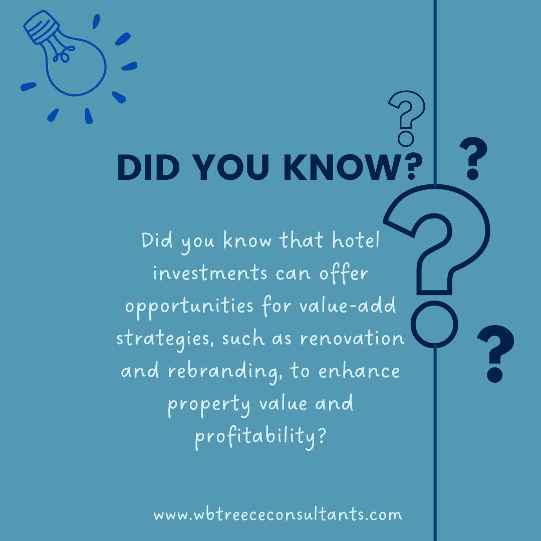 wbtcassessors's tweet image. Did you know that hotel investments can offer opportunities for value-add strategies, such as renovation & rebranding, to enhance property value & profitability?
#DidYouKnowSeries
#PropertyOptimization
#WBTreeceConsultants
#HotelInvestments
#Rebranding
#Strategies
#Profitability