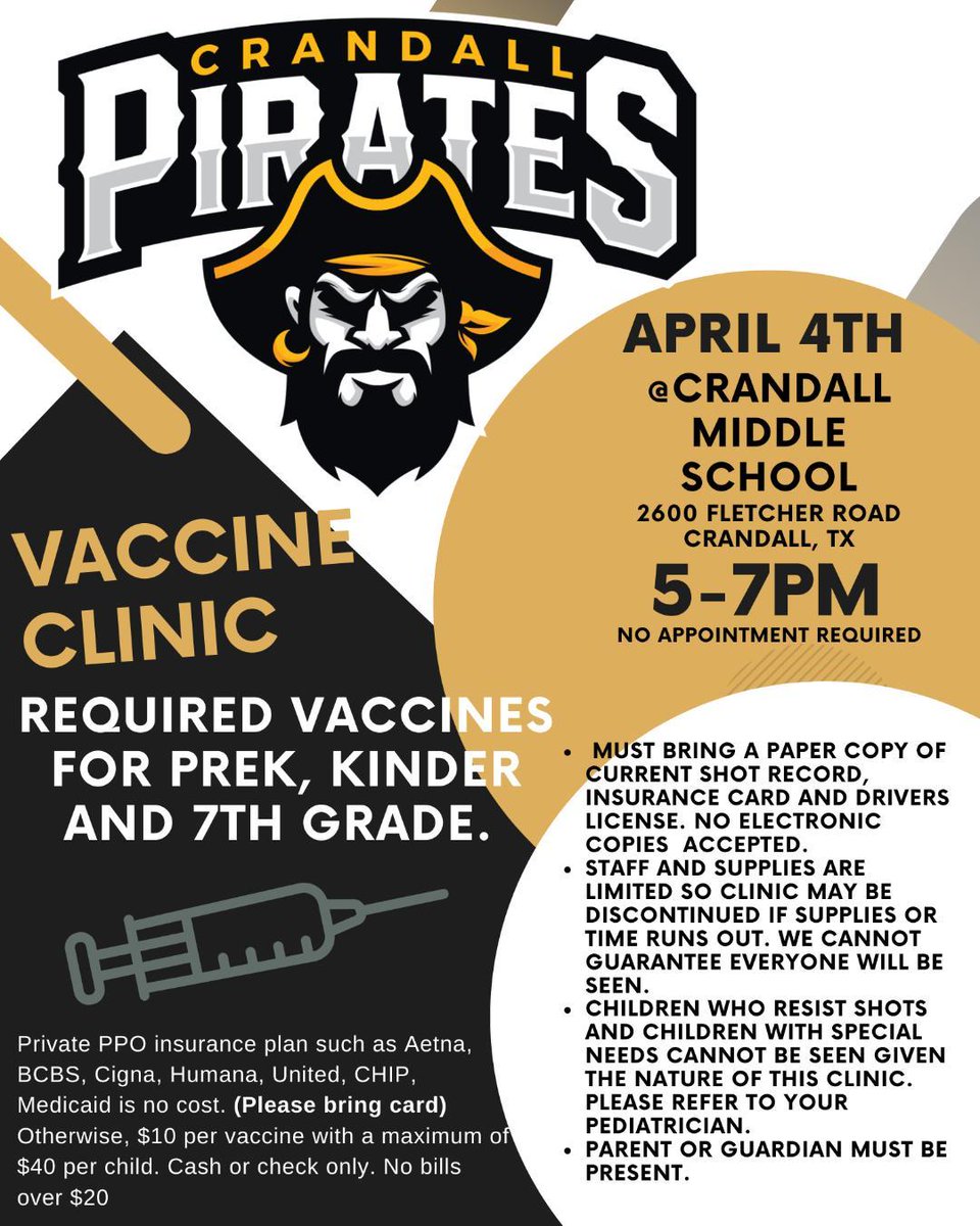 OfficialCISD's tweet photo. 💛 Don't forget the 2024-25 Kindergarten Round-Up AND Vaccine Clinic for incoming PreK, Kinder, and 7th graders is TOMORROW. See attached fliers. April 4, 5-7pm at Crandall Middle School. https://t.co/Ax0irxD88V