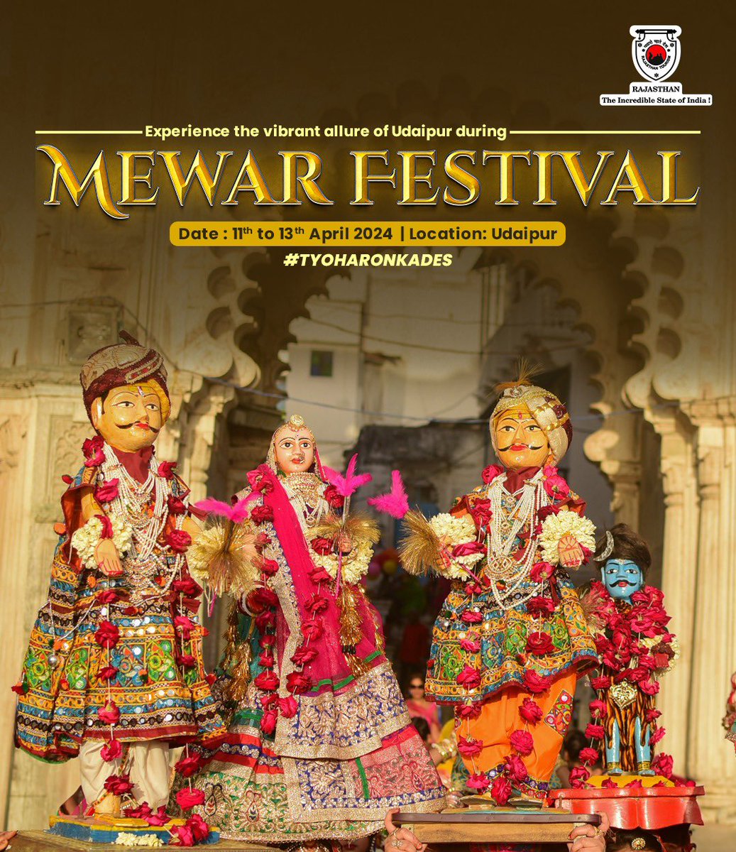 my_rajasthan's tweet image. Immerse yourself in the vibrant festivities of the Mewar Festival as Udaipur dazzles with the colourful procession of ‘Isar’ and ‘Gangaur’ idols.
Mewar Festival
Date: 11th to 13th April
Location: Udaipur 

@incredibleindia #TyoharonKaDes #ColoursOfIndia #MewarFestival #Rajasthan