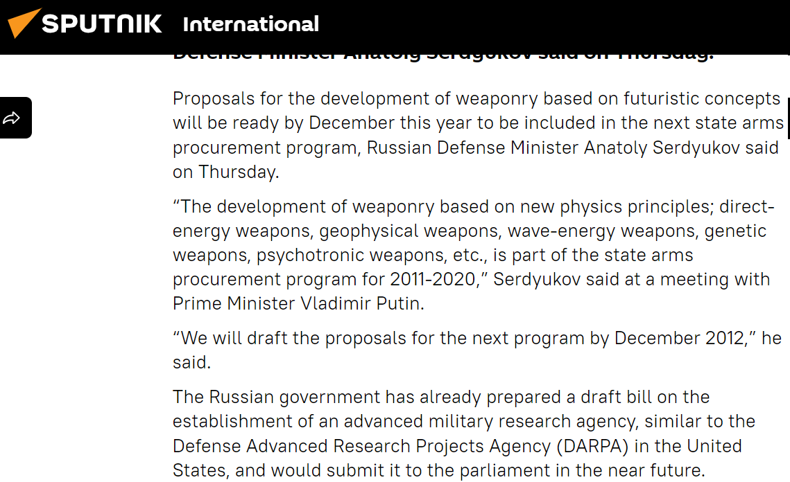 That same year, Putin created a military R&D program that was tasked with developing 'directed energy weapons', among other 'futuristic' weapons. This was clearly Putin's pet project.