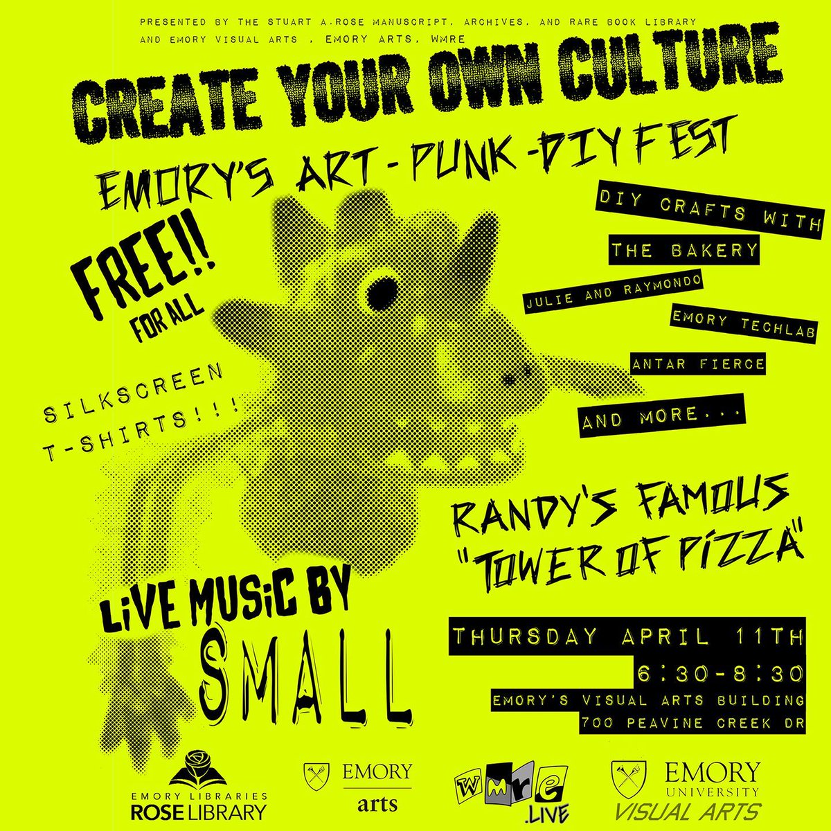 Next Thursday is our legendary Art, Punk, and DIY Fest! It's a night of live music and hands-on activities in celebration of Rose's Atlanta punk collection! This year’s event features a live set by seething Atlanta punk legends Small. Join us at Emory Visual Arts from 6:30-8:30!