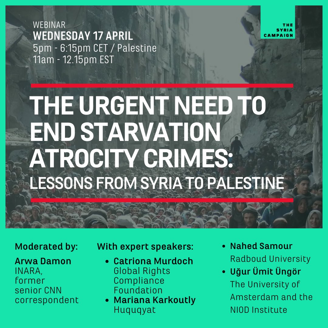 Join our webinar to hear from @IamArwaDamon and our expert speakers Nahed Samour, Mariana Karkoutly, Catriona Murdoch & Uğur Ümit Üngör as they lay out new evidence of the Syrian regime’s starvation of Palestinians in Yarmouk, propose pathways for states to pursue accountability…