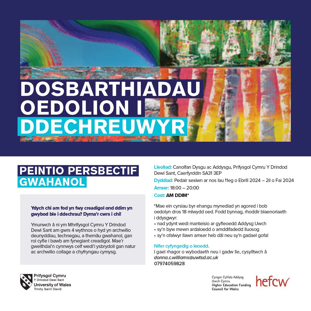 Ydych chi am fod yn fwy creadigol ond ddim yn gwybod ble i ddechrau? Dyma’r cwrs i chi! 🎨 Nifer cyfyngedig o leoedd. I gael rhagor o wybodaeth neu i gadw lle, cysylltwch â donna.c.williams@uwtsd.ac.uk 07974059828 📞