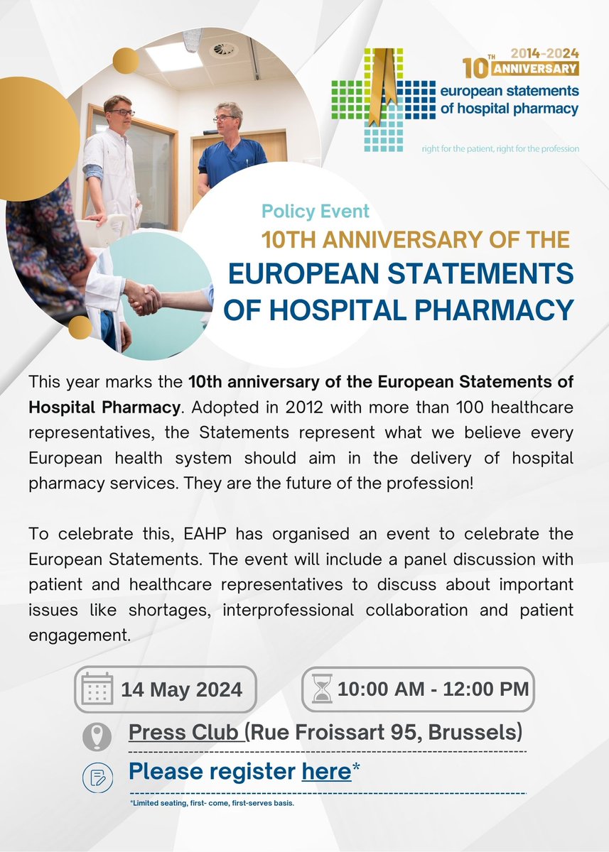 EAHPofficial's tweet photo. 🎉 Join us to celebrate a decade of Hospital Pharmacy progress!

Don't miss out! Reserve your spot now: https://t.co/s4ooqDq62z 
#HospitalPharmacy #EuropeanStatements #Health #PatientEngagement 🥂🏥 https://t.co/7oh0thmjSP