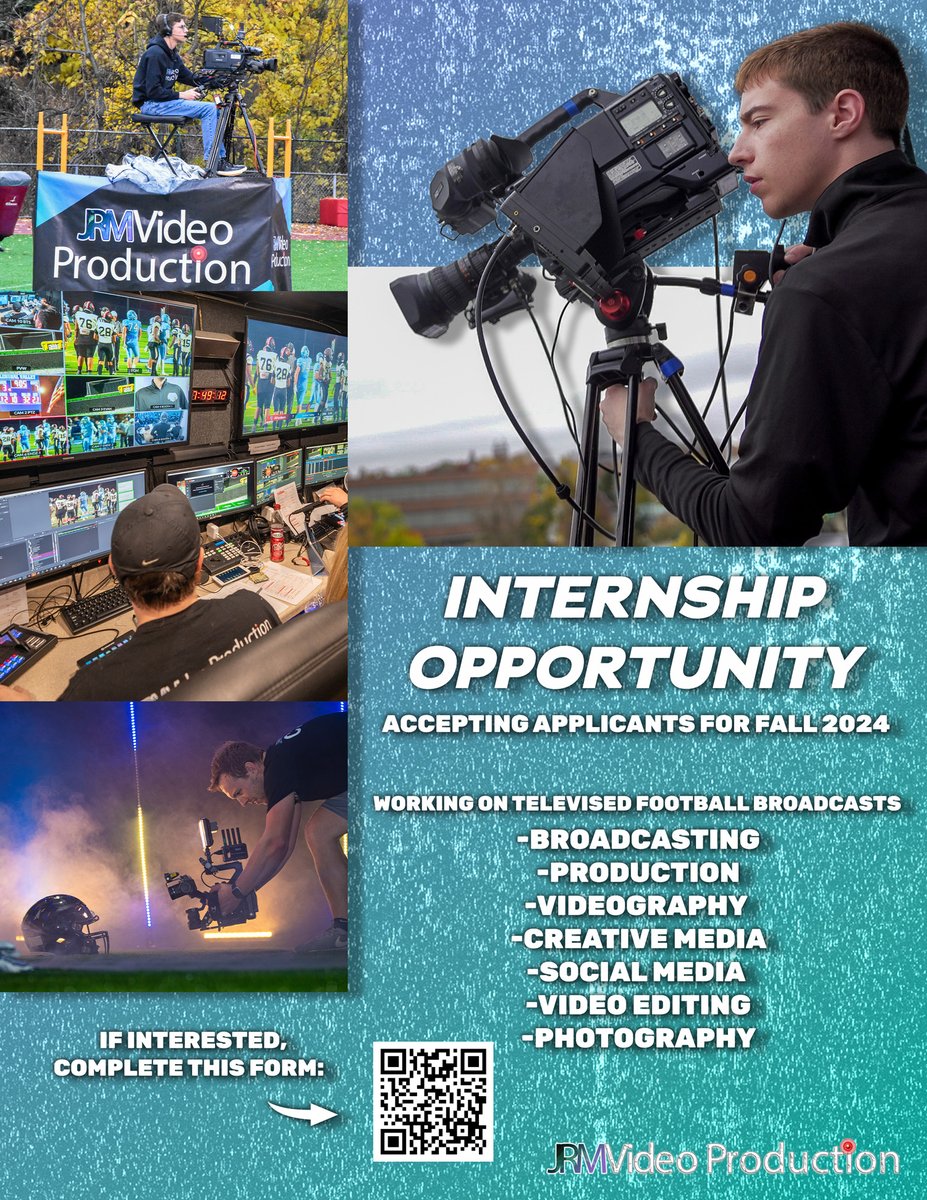 Kickoff your career in sports multimedia with JRM Video! We're looking for interested college applicants for our 2024 Fall internships. See flyer below for more details. Interested applicants apply here: forms.gle/3Bt36hzNtFL25H…