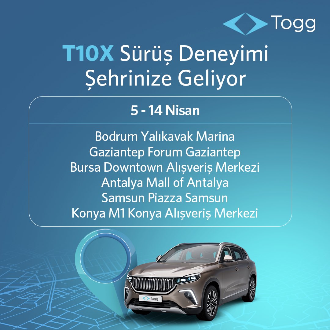 Antalya, Bodrum, Bursa, Gaziantep, Konya, Samsun 📣 T10X sürüş deneyimi bayramda da şehrinizde! < 🚘 > Hemen kayıt olun, #DoğuştanElektrikli #T10X ile test sürüşü randevunuzu oluşturmak için sizi arayalım. Kayıt: togg.com.tr/t10x-surus-den…