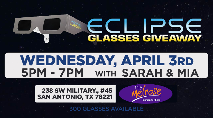 We're continuing to keep our eyes on the forecast for Eclipse Day, but you'll still want eye protection if there are breaks in the clouds! Come and meet me and @KSATmia at My Melrose from 5 to 7 pm. They'll be handing out FREE eclipse glasses! Address: 238 SW Military #45