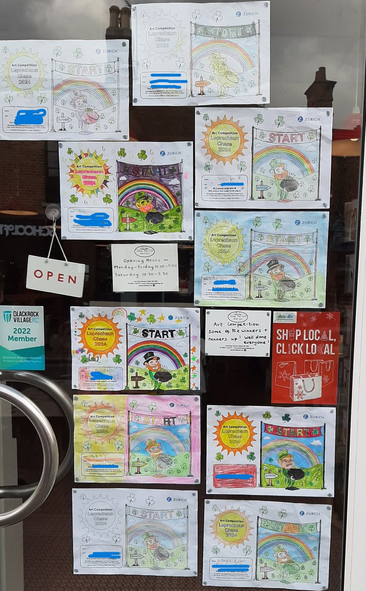 Some of the winners & entries in the colouring competition displayed in #janecarrolldesign #blackrockleprechaunchase @Gans_Blackrock @Hollypark_GNS_ @HollyparkBNS @BlackrockCPGEYE @Iloveblackrock