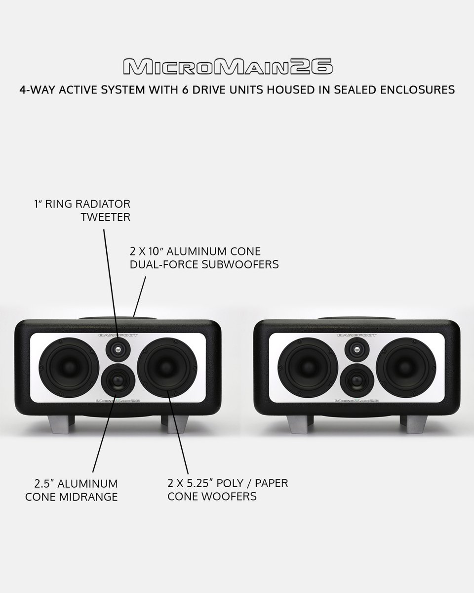 The #MicroMain26 boasts an exceptionally low distortion, stunning dynamic range, and lightning-fast transient response.

barefootsound.com/micromain26/