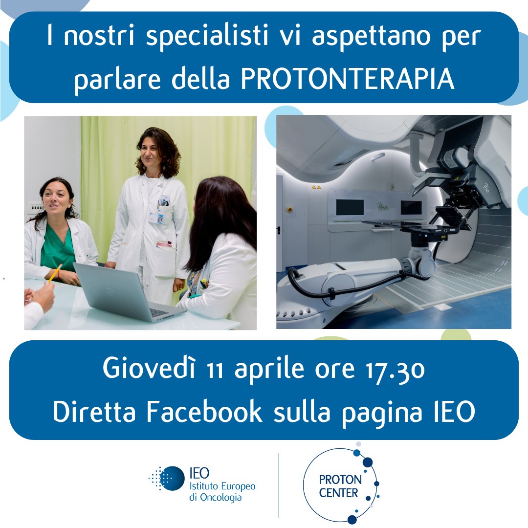 IEO è il primo centro oncologico specializzato in Italia a dotarsi di un proprio centro di Protonterapia. Ma che cos'è la Protonterapia? Ne parleremo in diretta insieme ai nostri specialisti giovedì 11/04 IEO Proton Center, l'eccellenza della cura al servizio delle persone💚#IEO