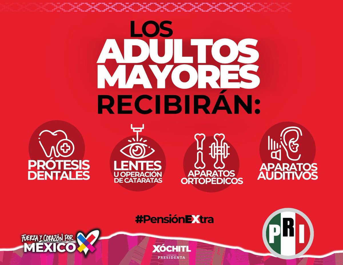 PRI_Nacional's tweet image. Prótesis dentales, lentes, operación de cataratas, aparatos ortopédicos y auditivos son algunos de los beneficios adicionales que incluirá tu #PensiónEXtra propuesta por @XochitlGalvez y nuestro partido.

¡Ayúdanos a hacer realidad esta propuesta!