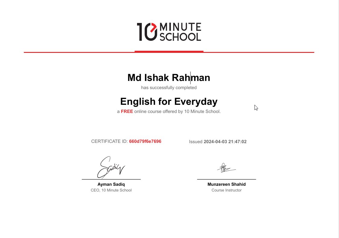 Thank you 10 Minute School. I Completed the 'English for Everyday' in 10 Minutes & Achieved The certificate.
 I highly recommend all of my 'Twitter Members'.
#10minuteschool 
#Online #class
#learn #skill #learnwith10ms 
#mdishakrahman #englishgrammer #spoken #englishspoken
#ishu