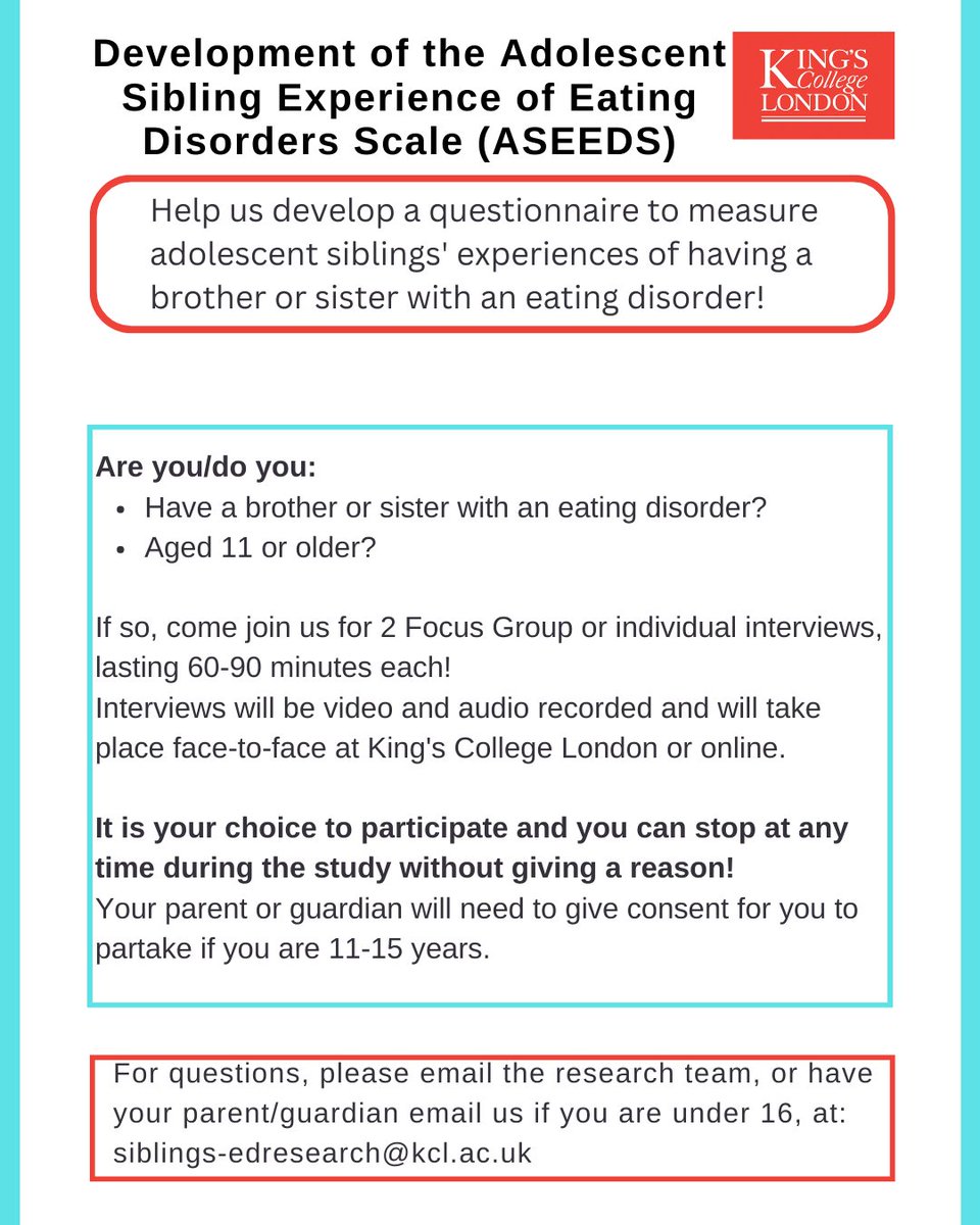 🔎Researchers @KingsCollegeLon are currently recruiting siblings aged 11+ who have a brother or sister with an eating disorder. Potential participants willing to express their interest in participating are asked to email the research team at: siblings-edresearch@kcl.ac.uk