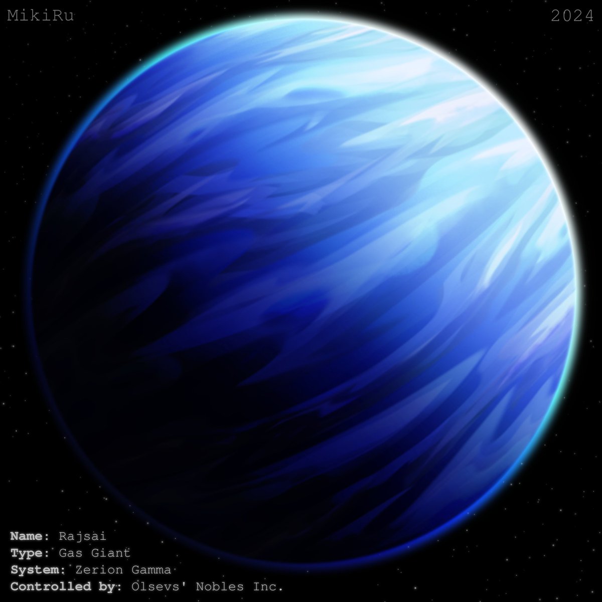Rajsai A gas giant in the Zerion Gamma system, owned by Olsevs' Nobles  Inc., which exploits its argon-rich atmosphere. #planet #space #scifi #art  #digitalart #gasgiant #universe #MikiRu #MikiUniv #illustration, image size:1200x1200