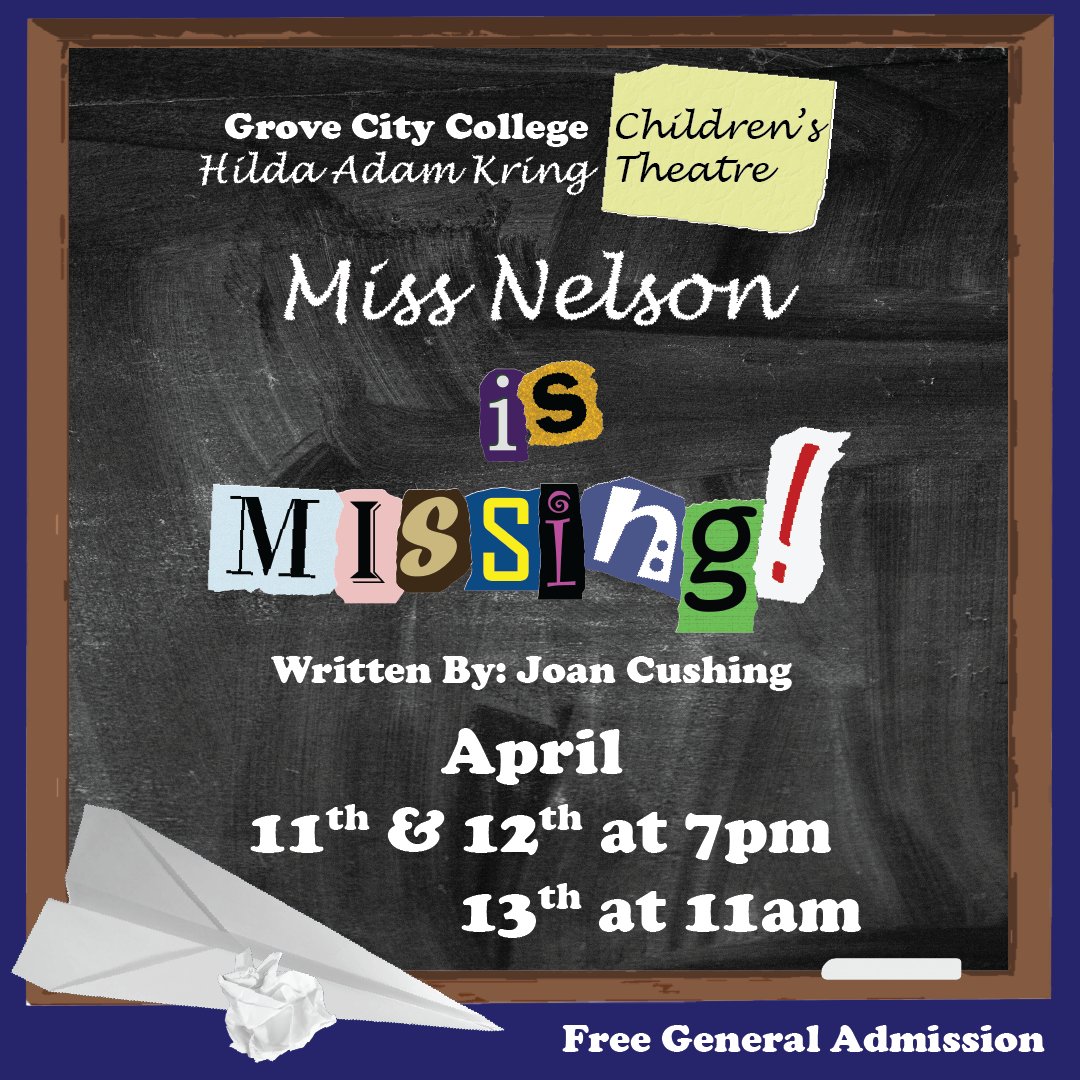 Grove City College’s Hilda Adam Kring Children’s Theater production of “Miss Nelson is Missing” opens next week on campus! 🔍🎭 Don't miss this family friendly event! 👉 gcc.edu/Home/News-Arch…