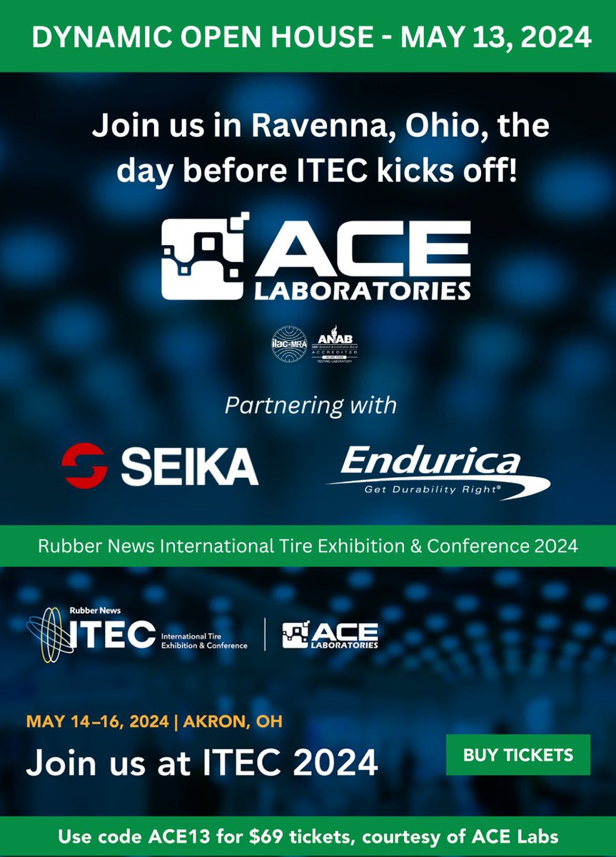 #TireIndustry, you're invited to the ACE DYNAMIC OPEN HOUSE the day before #ITEC 2024!

Enjoy a lab tour and live demos with Endurica and Seika Machinery - register now for ITEC and RSVP for the DYNAMIC OPEN HOUSE at no extra cost using code ACE13.

 ➡️ web.cvent.com/event/bb938bd3…