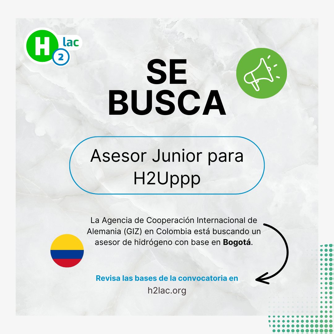 📣 🇨🇴 Desde @giz_colombia están buscando asesor junior para el Proyecto H2Uppp para apoyar el desarrollo de proyectos de #hidrógenoverde en fase temprana. 🏗️ 📝 Postulaciones abiertas hasta el 5 de abril de 2024. Revisa los requisitos aquí 👉 lnkd.in/ecJ4njQV