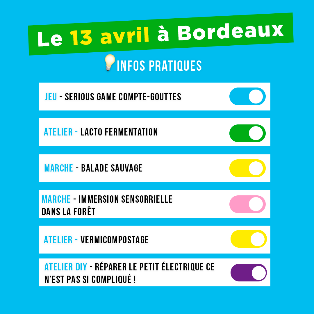 À vos agendas : le programme du #horslesmurs du 11 au 13 avril à #Bordeaux  est là ! Notre temps fort ? Le samedi 13 sera consacré au village associatif sur le parvis de la Maison écocitoyenne. 

Pour en savoir plus et réserver une de nos animations 👉 tourneeclimatbiodiversite.fr/bordeaux/