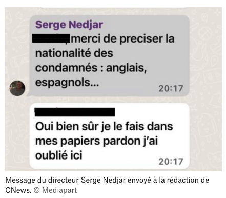 davidperrotin's tweet photo. Sur CNews, on laisse tomber les sujets quand cela n'implique pas de musulmans, on prétend avoir vu des violences en manif quand ce n'est pas le cas, on donne l'ordre de donner la nationalité des étrangers mis en cause... 

Et c'est écrit noir sur blanc. ➡️https://t.co/qDyZBQjVzI https://t.co/rmiQwpZGat