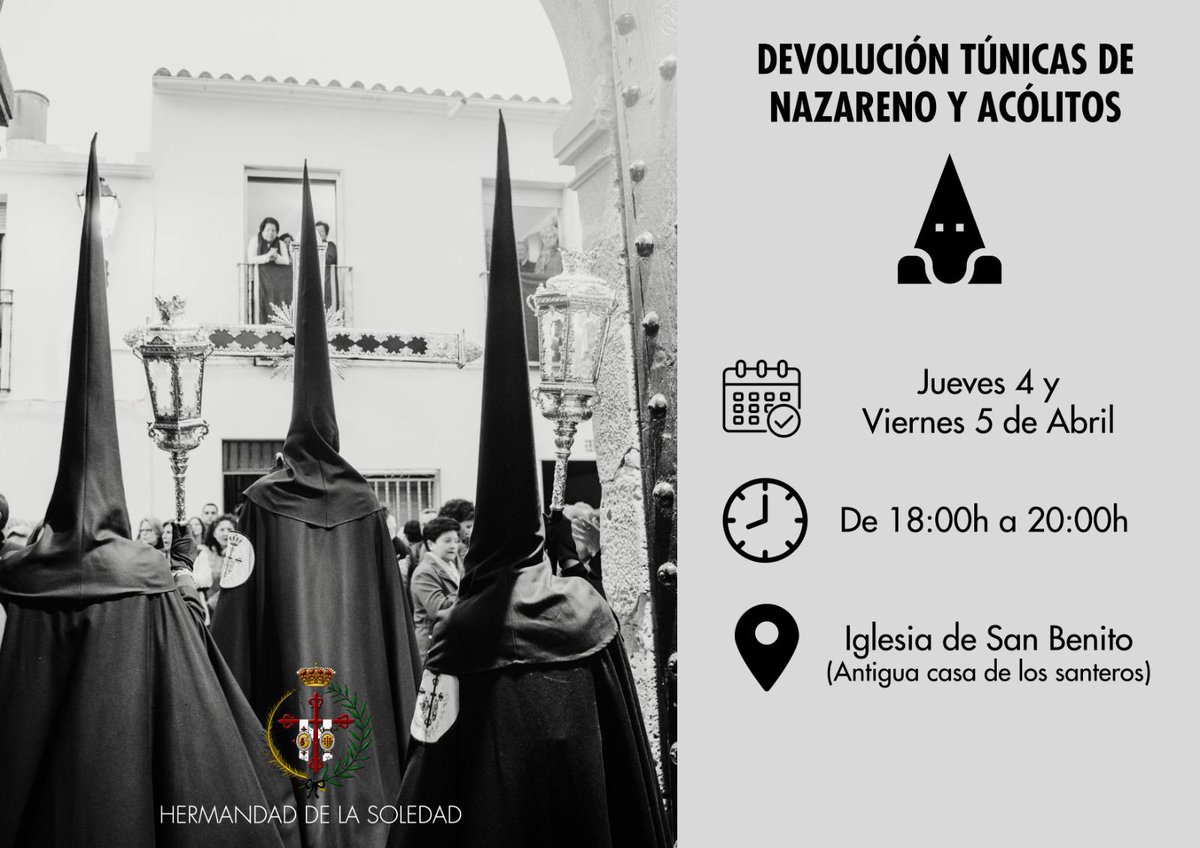 Hdad_Soledad's tweet photo. Mañana y pasado recogida y devolución de trajes.
Por favor, rogamos la colaboración de todos y suplicamos la devolución de todos y cada uno de los trajes de nazareno y de niños. Gracias. https://t.co/xx6VewTBVc