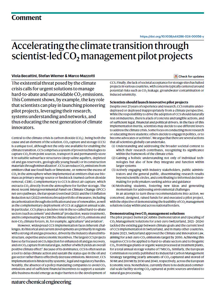 Out now with free access! 'Accelerating the climate transition through scientist-led CO2 management pilot projects' by Marco Mazzotti & co-workers. Read about lessons learned from their pilot-scale study on carbon dioxide capture and storage Link here: nature.com/articles/s4428…