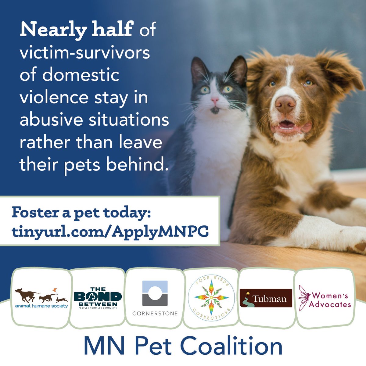 Pets are often used as leverage to keep survivors of domestic violence from leaving. But as a partner of the MN Pet Foster Coalition, we're helping break that cycle. Offer a lifeline of support to survivors & their pets: tinyurl.com/ApplyMNPC #supportsurvivors #twincities