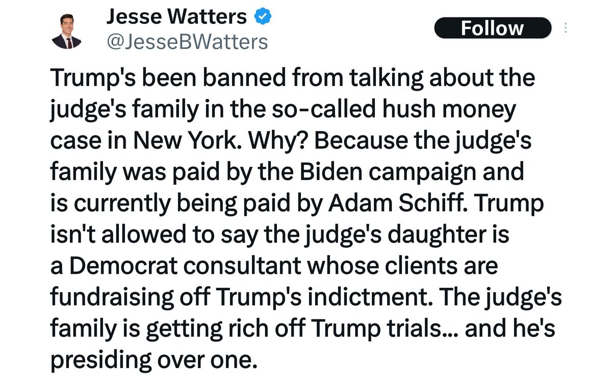GenoVeno73's tweet photo. I really hope that Loren Merchan sues the fuck out of @JesseBWatters and @FoxNews for defamation.
And where are the documents proving these accusations @JesseBWatters?
Where are the FEC reports proving your accusations @JesseBWatters?
Where are the bank records of Loren Merchan receiving these payments from ANY Democratic members @JesseBWatters?
All you're doing is fabricating LIES and falsehoods to appease your cult leader Donald Trump and to repeat @LauraLoomer conspiracy theory.
You know why you don't have FEC filings of the Judges daughter receiving these payments @JesseBWatters? .... bcos SHE doesn't receive the payments. The COMPANY she works for/at receives those payments. This might be a hard concept for you MAGA idiots to comprehend, but Loren Merchan is NOT her company.
You know why you don't have HER bank statements showing SHE received payments from ANY Democratic member @JesseBWatters? .... Bcos she is only paid by her employer, NOT by Democratic members themselves. Only her COMPANY is paid by THEIR Democratic clients.
Again I say β I really hope that Loren Merchan sues the fuck out of @JesseBWatters and @FoxNews for defamation.